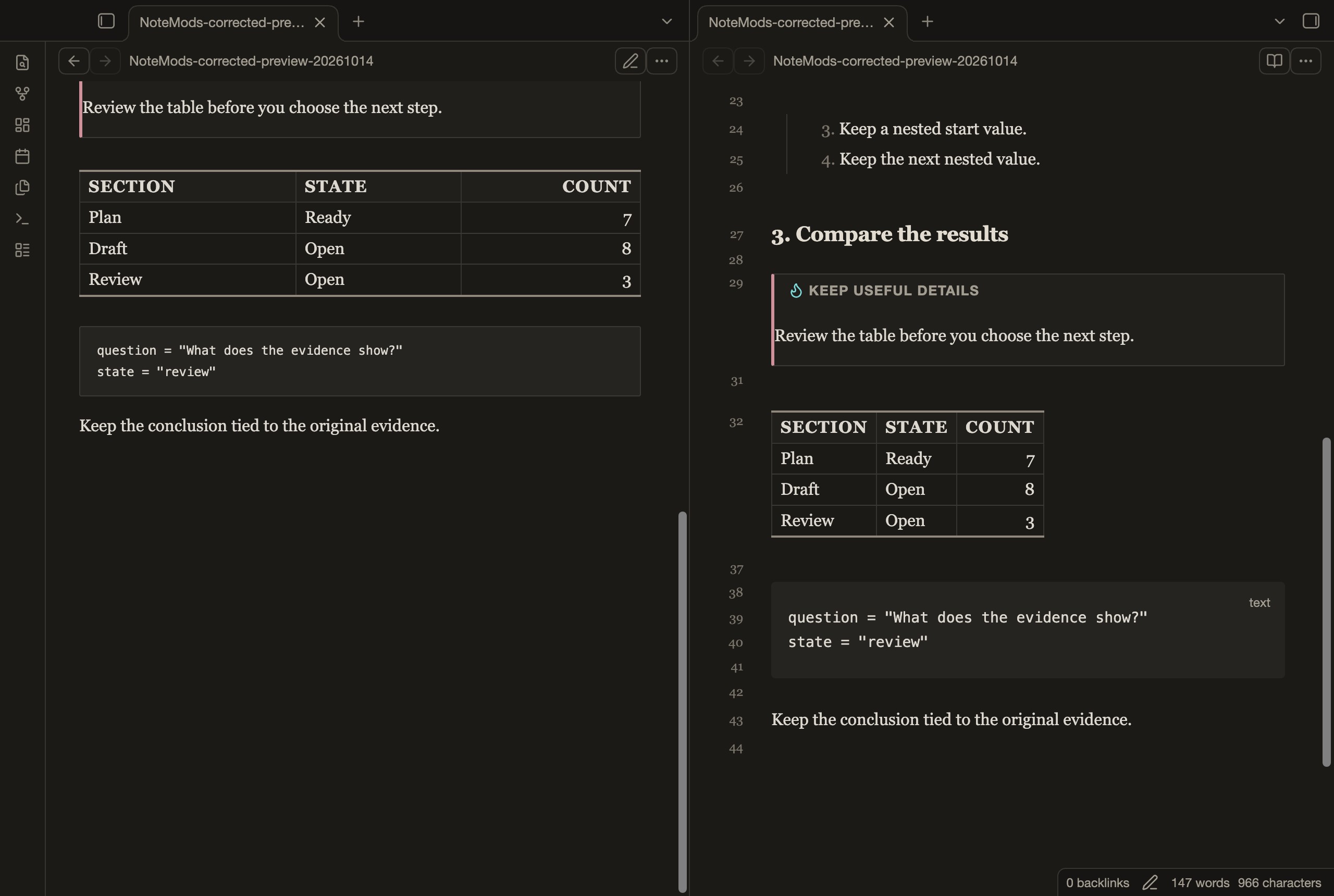 Academic Paper in Obsidian, dark mode, callouts and table.