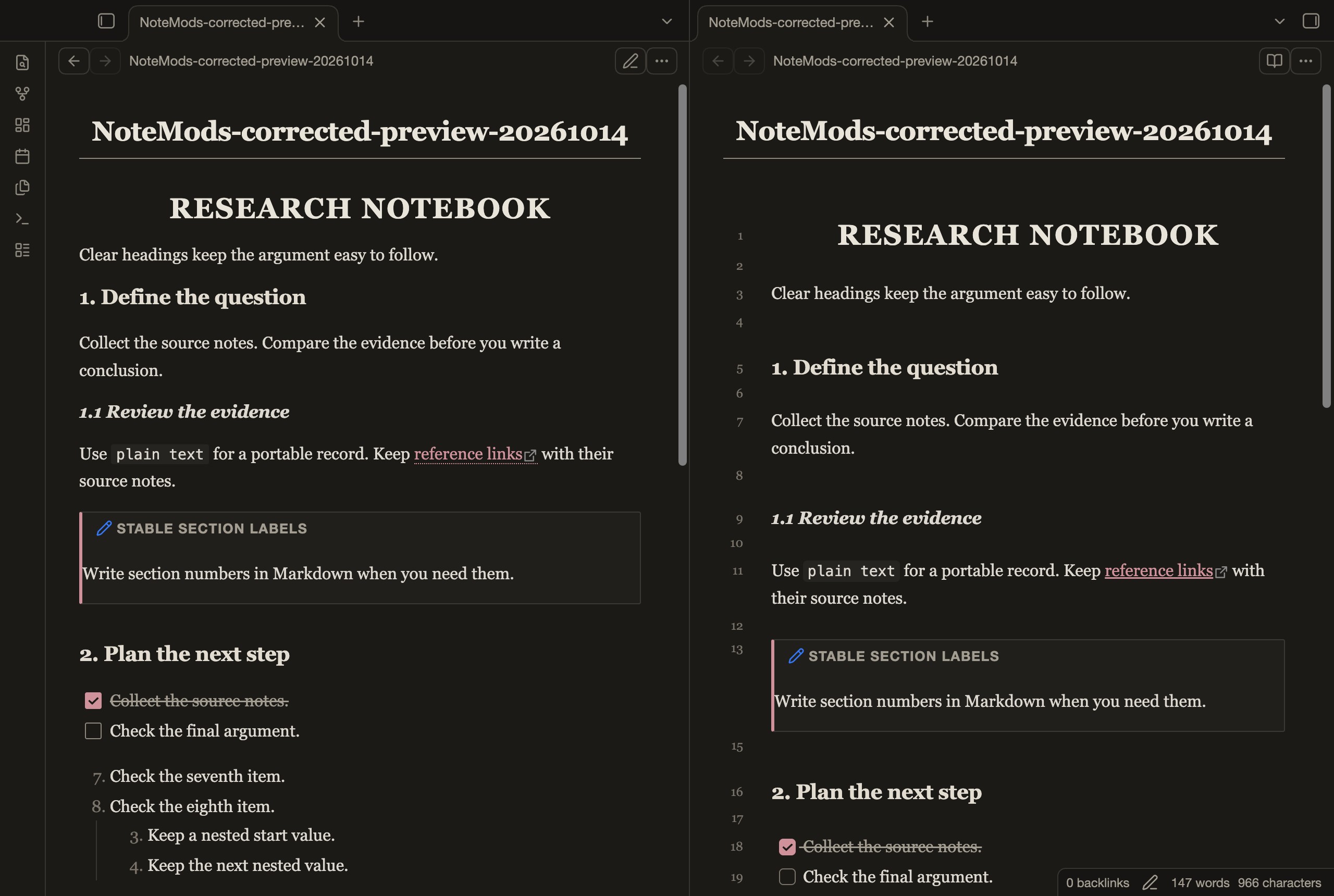 Academic Paper in Obsidian, dark mode, workspace.