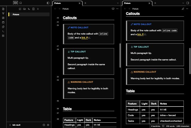 Aegis Contrast in Obsidian, dark mode, callouts and table.