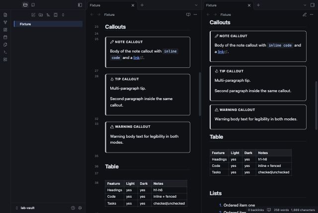 API Reference in Obsidian, dark mode, callouts and table.