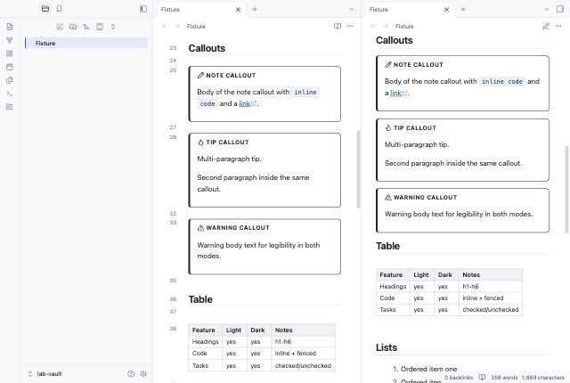 API Reference in Obsidian, light mode, callouts and table.