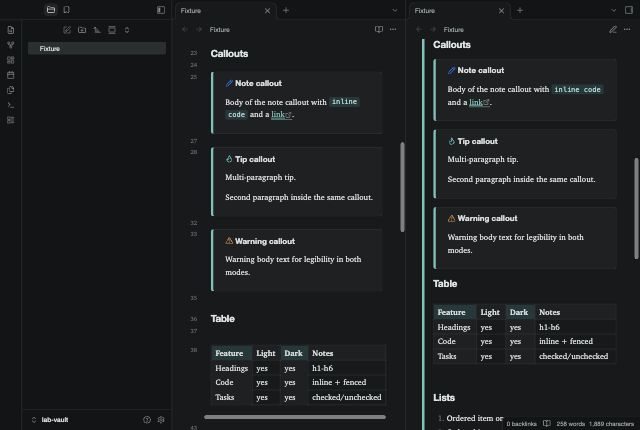 Citation Notes in Obsidian, dark mode, callouts and table.
