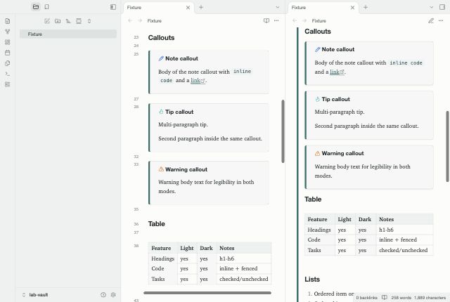 Citation Notes in Obsidian, light mode, callouts and table.