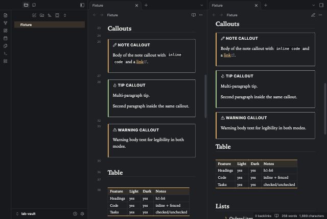 Code Notebook in Obsidian, dark mode, callouts and table.