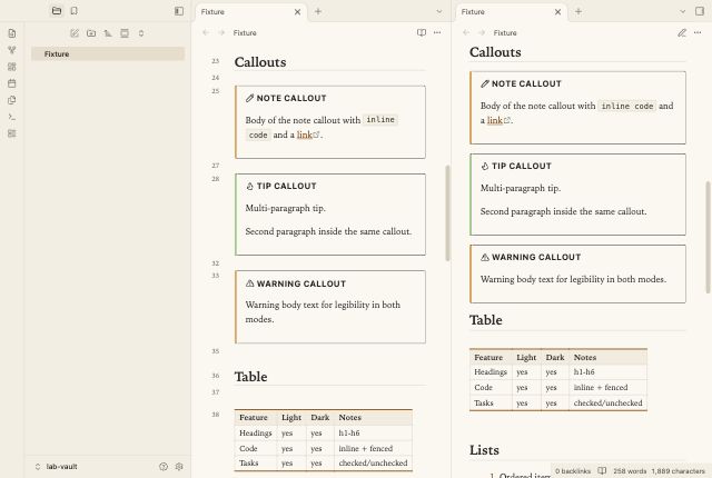 Code Notebook in Obsidian, light mode, callouts and table.