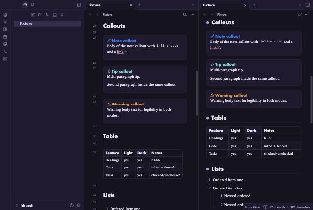 Concept Weave in Obsidian, dark mode, callouts and table.
