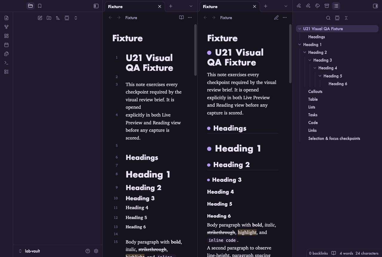 Concept Weave in Obsidian, dark mode, workspace.