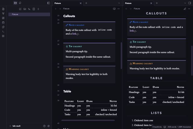 Concordance in Obsidian, dark mode, callouts and table.