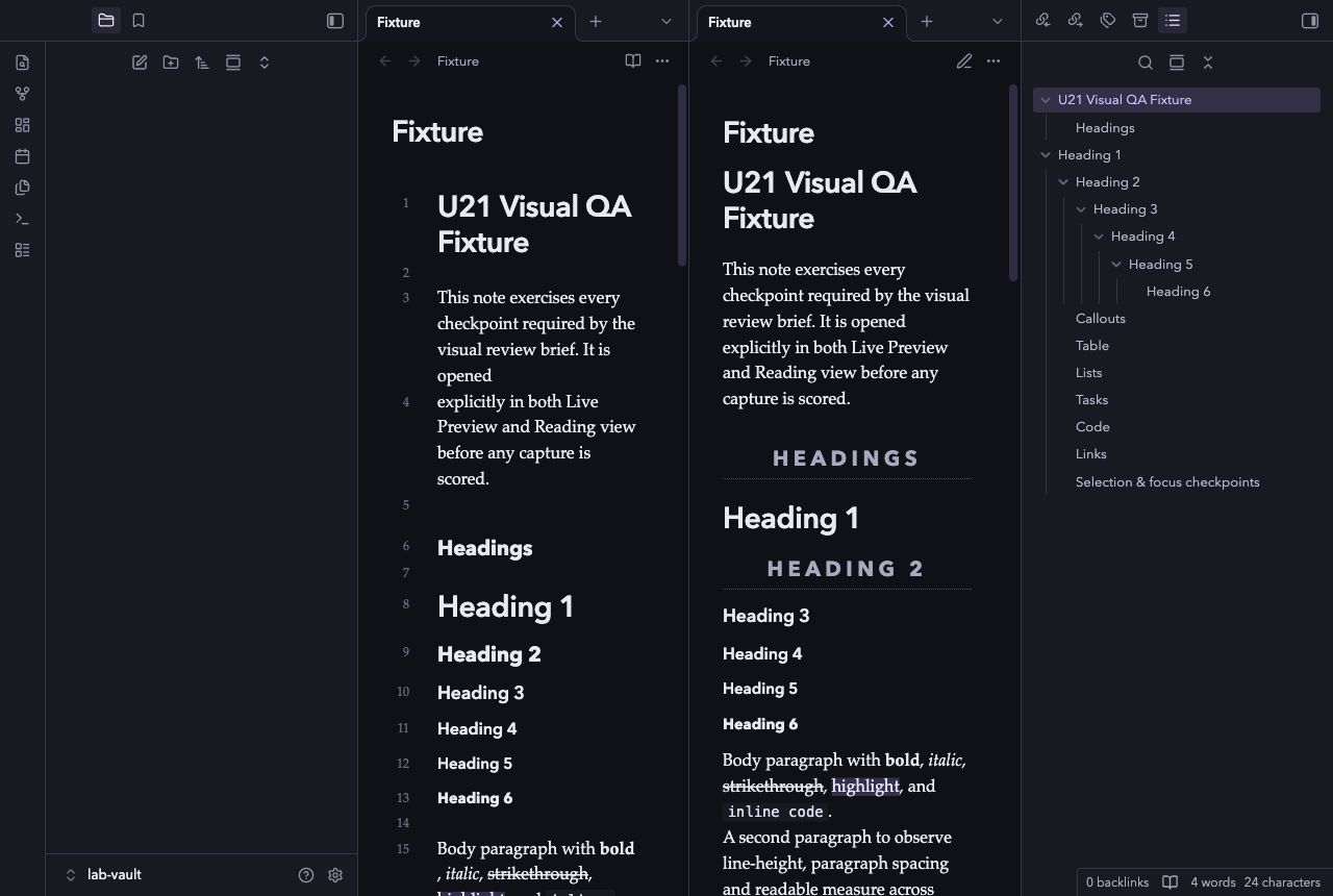 Concordance in Obsidian, dark mode, workspace.