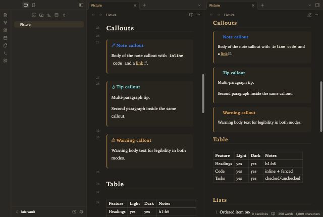 Drafting Room in Obsidian, dark mode, callouts and table.