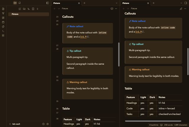 Ember Dim in Obsidian, dark mode, callouts and table.