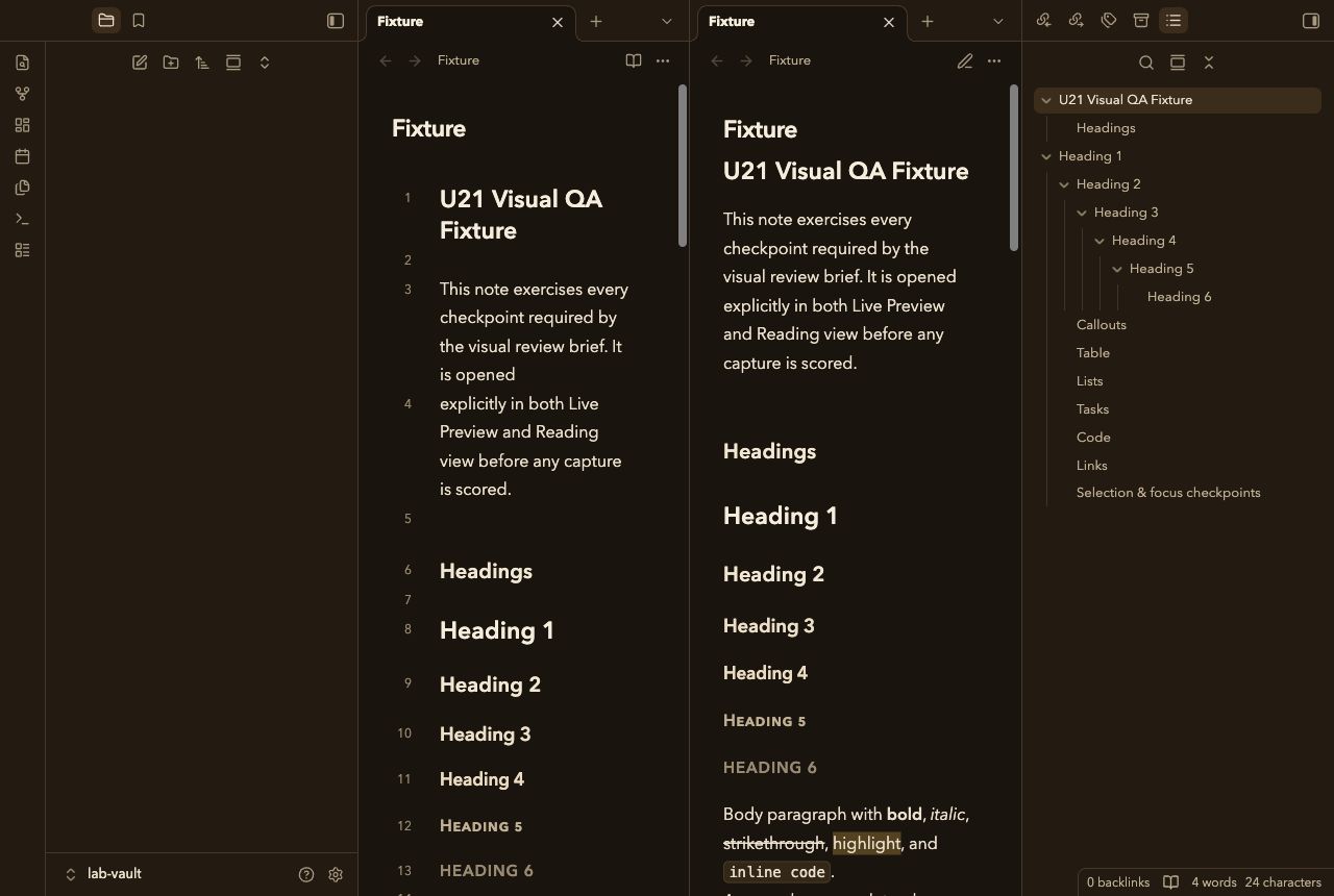 Ember Dim in Obsidian, dark mode, workspace.