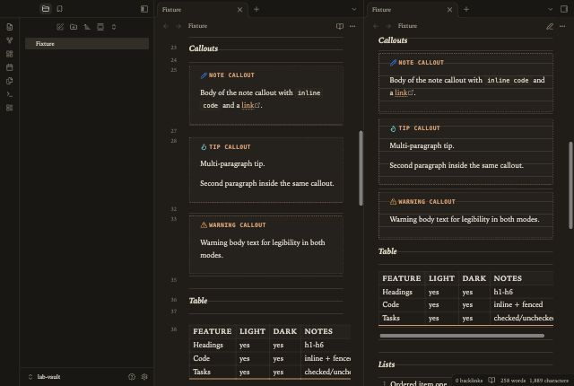 Field Notebook in Obsidian, dark mode, callouts and table.