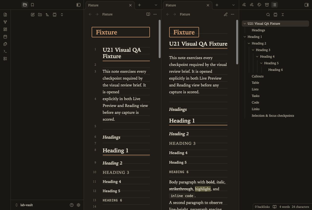 Field Notebook in Obsidian, dark mode, workspace.
