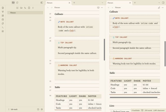 Field Notebook in Obsidian, light mode, callouts and table.