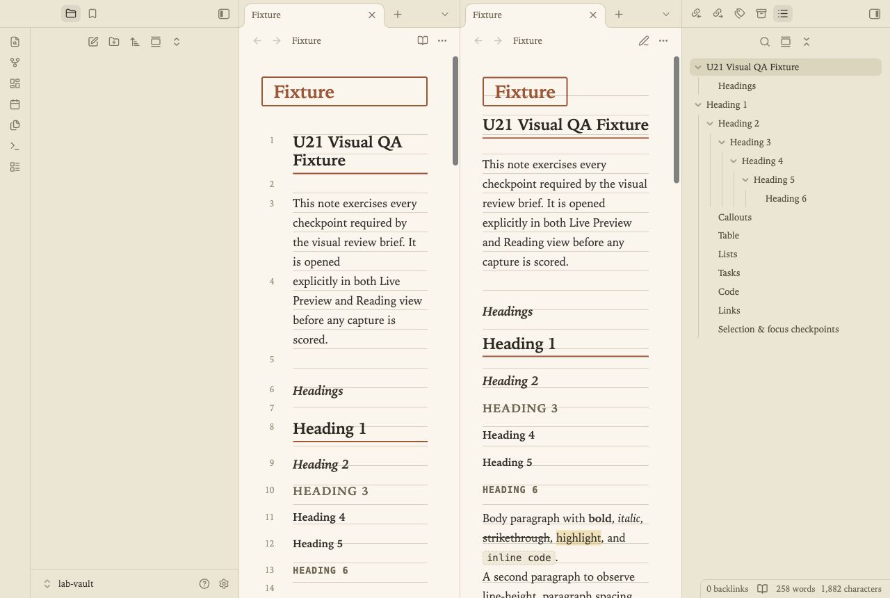 Field Notebook in Obsidian, light mode, workspace.