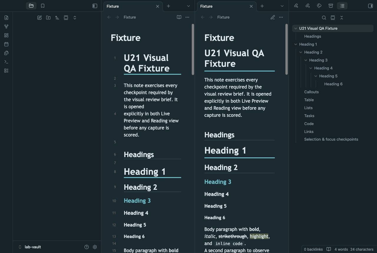 Horizon Weekly in Obsidian, dark mode, workspace.