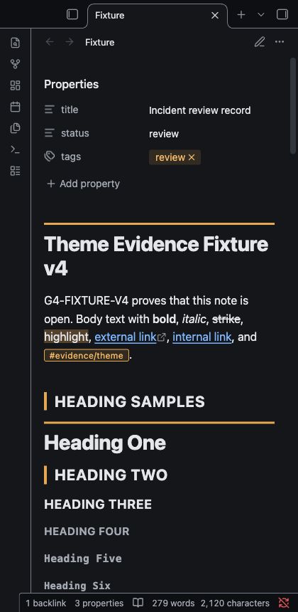 Incident Review in Obsidian, dark mode, narrow desktop workspace.