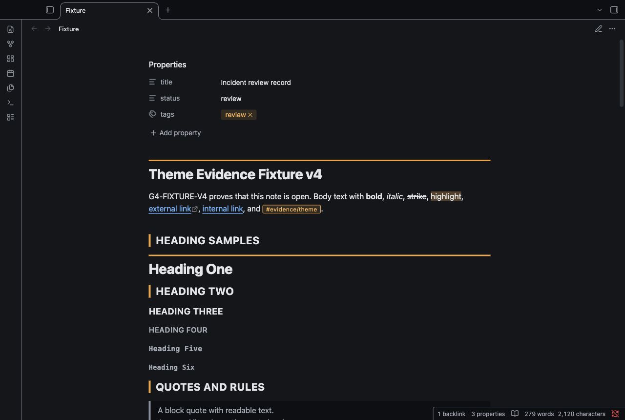 Incident Review in Obsidian, dark mode, workspace.