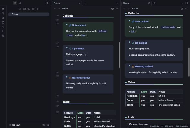 Language Learning in Obsidian, dark mode, callouts and table.