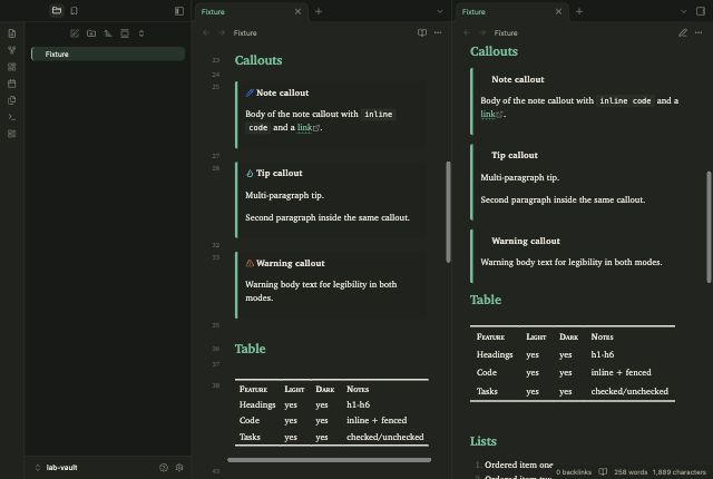 Ledger Task in Obsidian, dark mode, callouts and table.