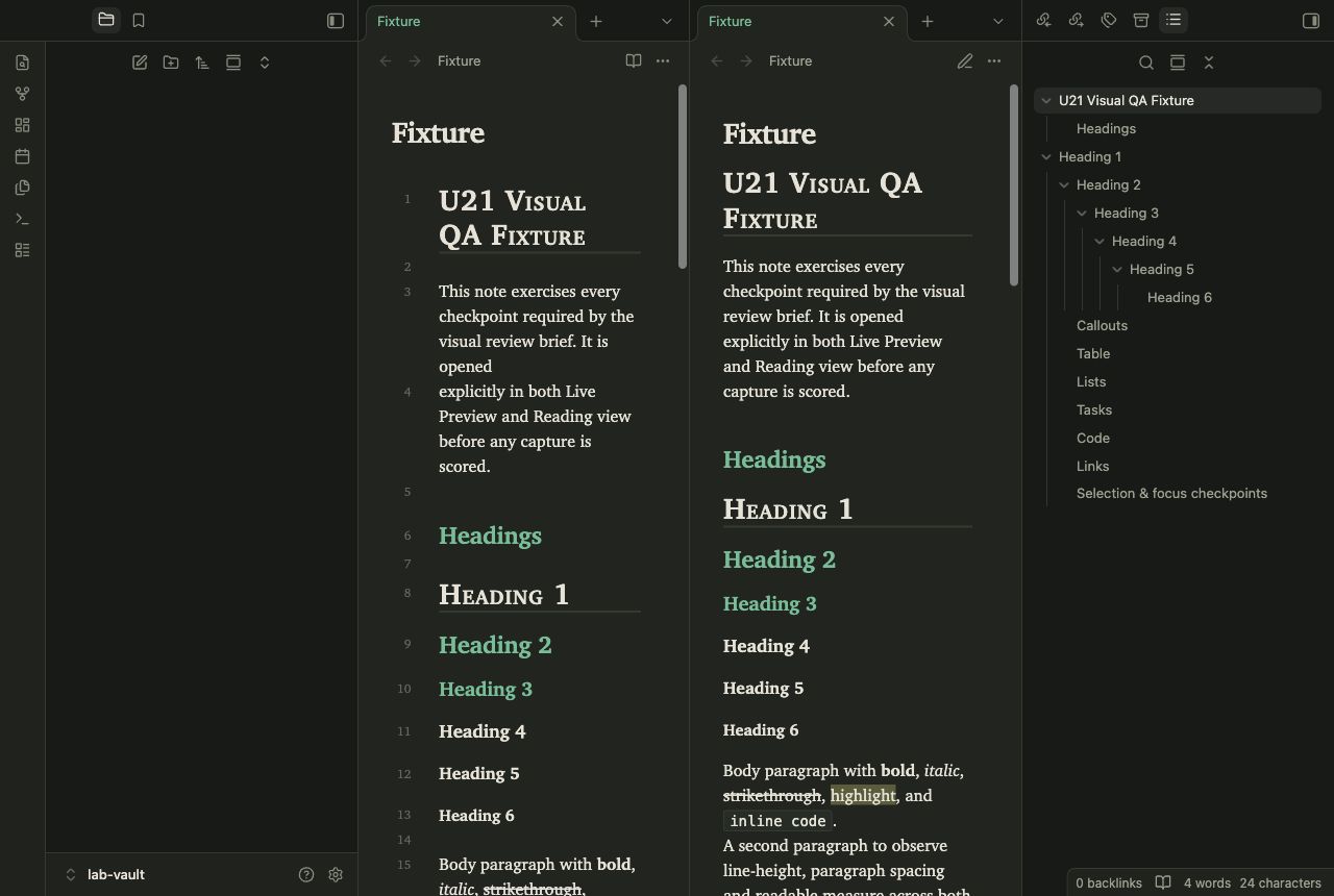 Ledger Task in Obsidian, dark mode, workspace.