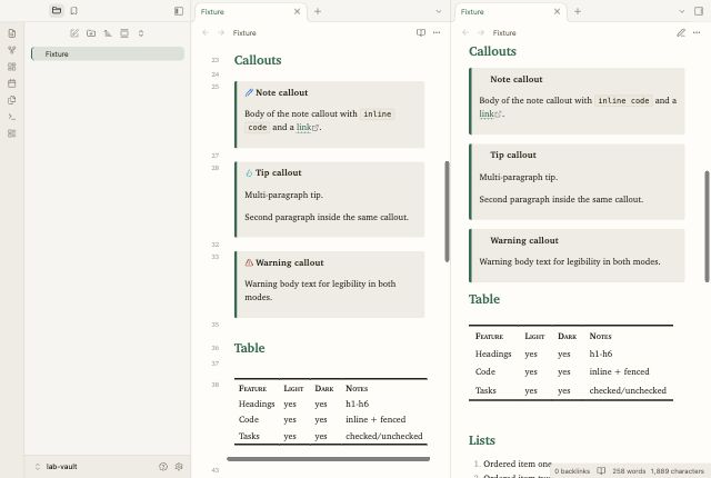 Ledger Task in Obsidian, light mode, callouts and table.