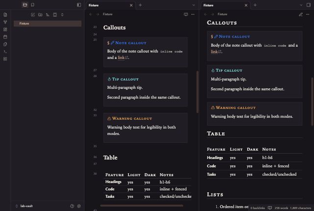 Lexicon in Obsidian, dark mode, callouts and table.