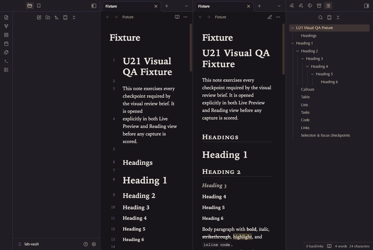 Lexicon in Obsidian, dark mode, workspace.