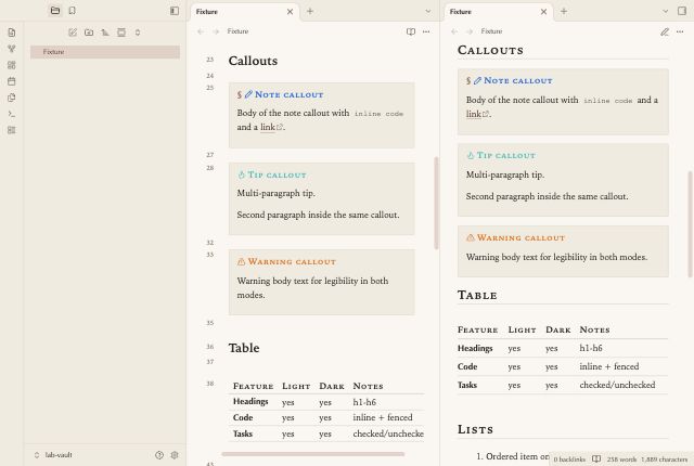 Lexicon in Obsidian, light mode, callouts and table.