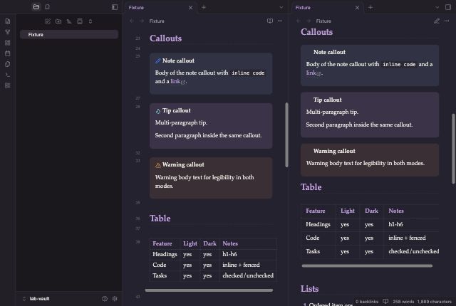 Minute Meeting in Obsidian, dark mode, callouts and table.
