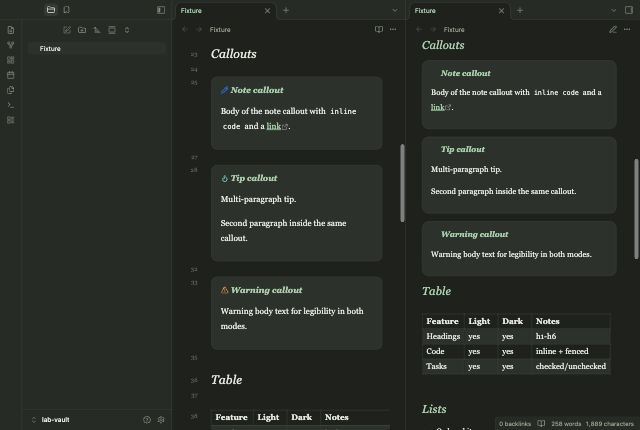 Morning Pages in Obsidian, dark mode, callouts and table.