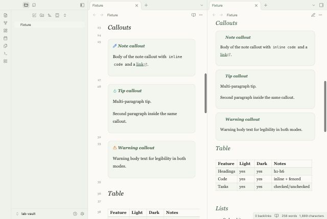 Morning Pages in Obsidian, light mode, callouts and table.