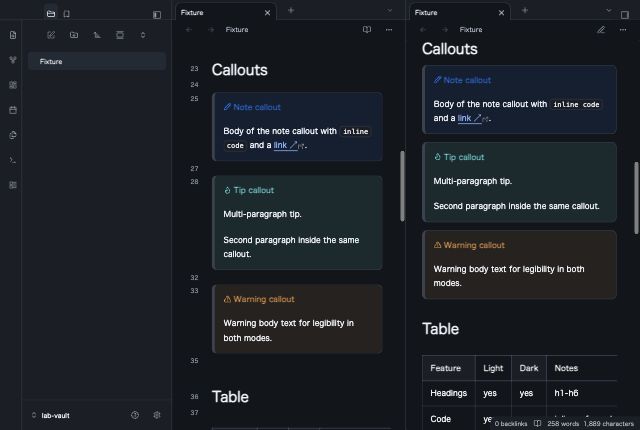 Open Hand in Obsidian, dark mode, callouts and table.
