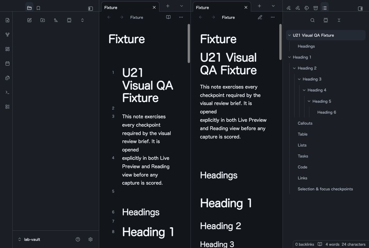 Open Hand in Obsidian, dark mode, workspace.