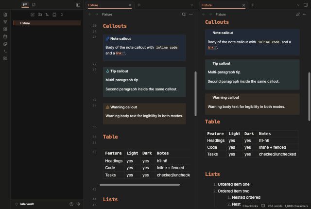 Ops Compact in Obsidian, dark mode, callouts and table.