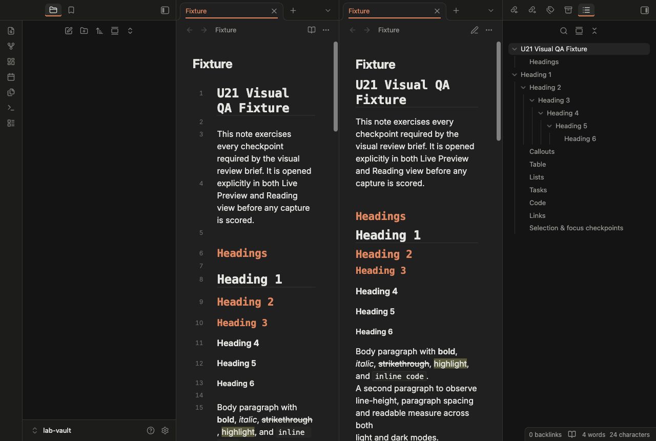 Ops Compact in Obsidian, dark mode, workspace.