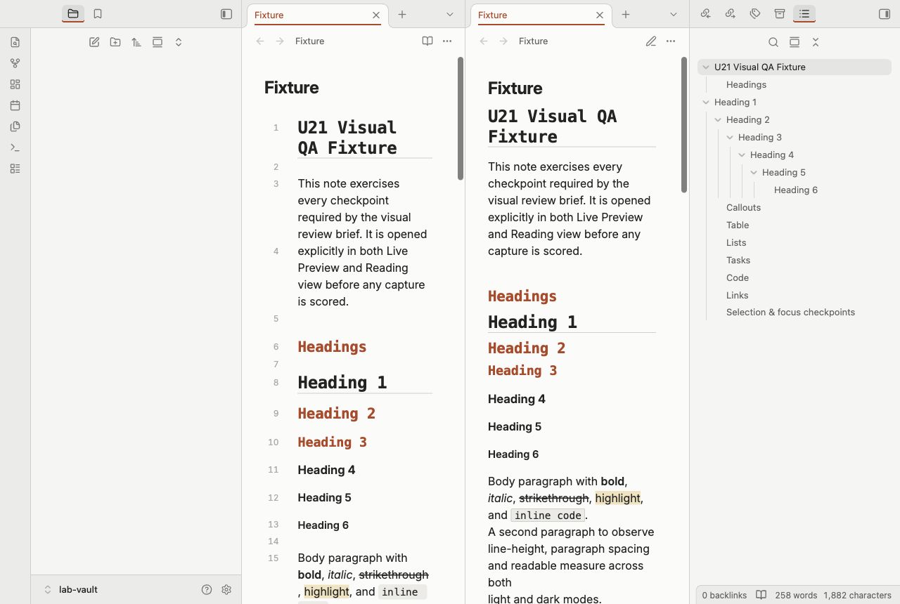 Ops Compact in Obsidian, light mode, workspace.