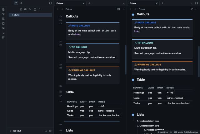 Precedent in Obsidian, dark mode, callouts and table.