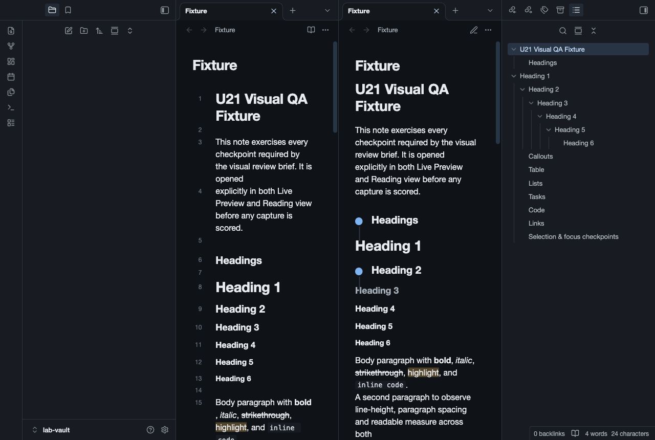 Precedent in Obsidian, dark mode, workspace.