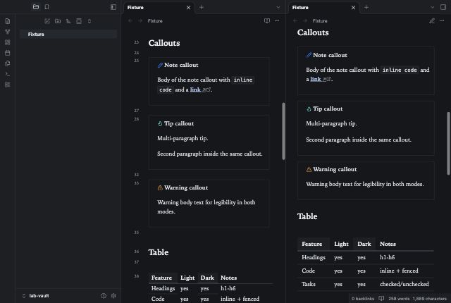 Quiet Ledger in Obsidian, dark mode, callouts and table.