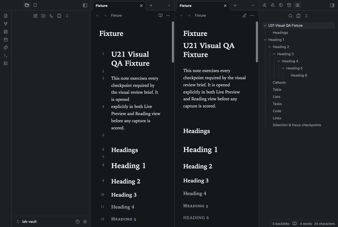 Quiet Ledger in Obsidian, dark mode, workspace.