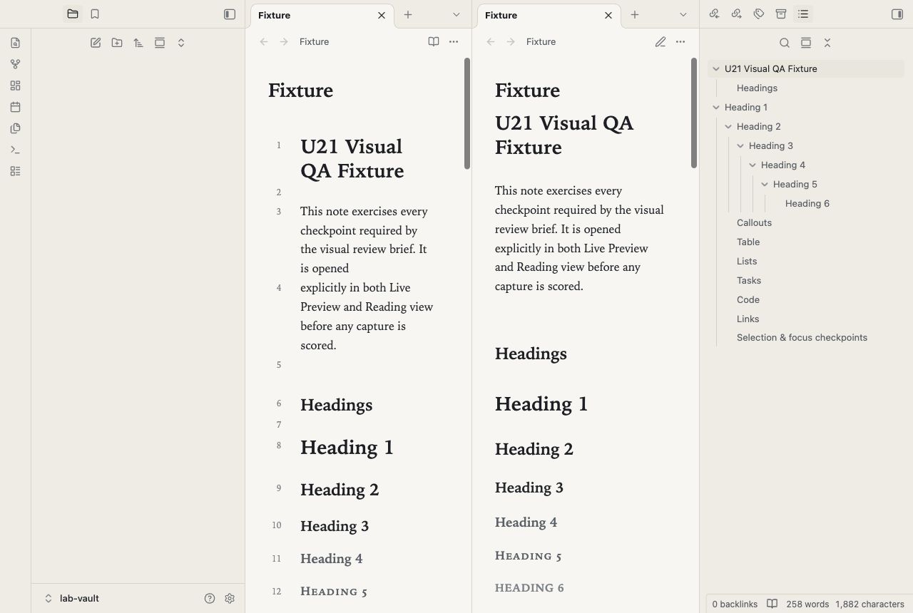 Quiet Ledger in Obsidian, light mode, workspace.