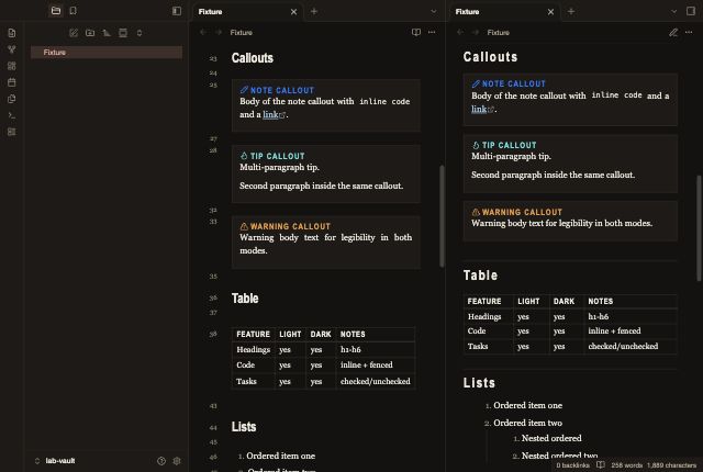 Broadsheet in Obsidian, dark mode, callouts and table.