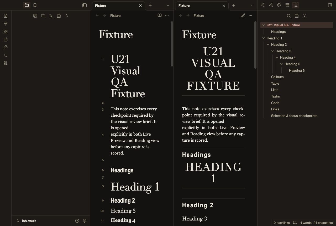 Broadsheet in Obsidian, dark mode, workspace.