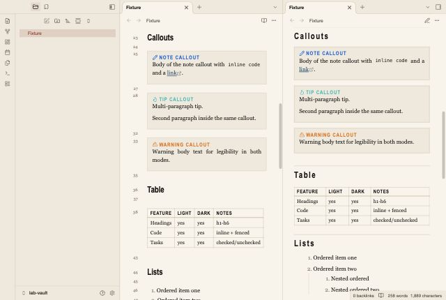 Broadsheet in Obsidian, light mode, callouts and table.