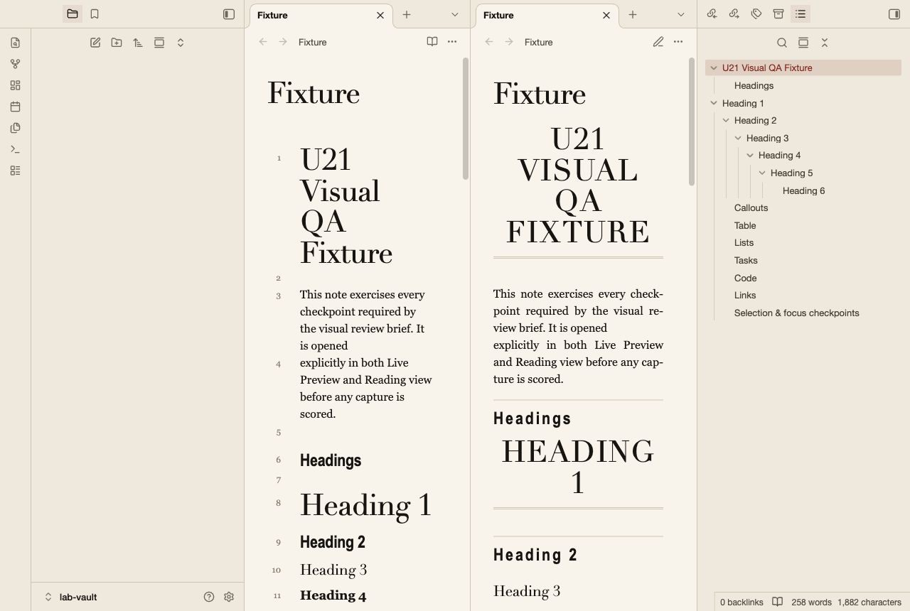 Broadsheet in Obsidian, light mode, workspace.