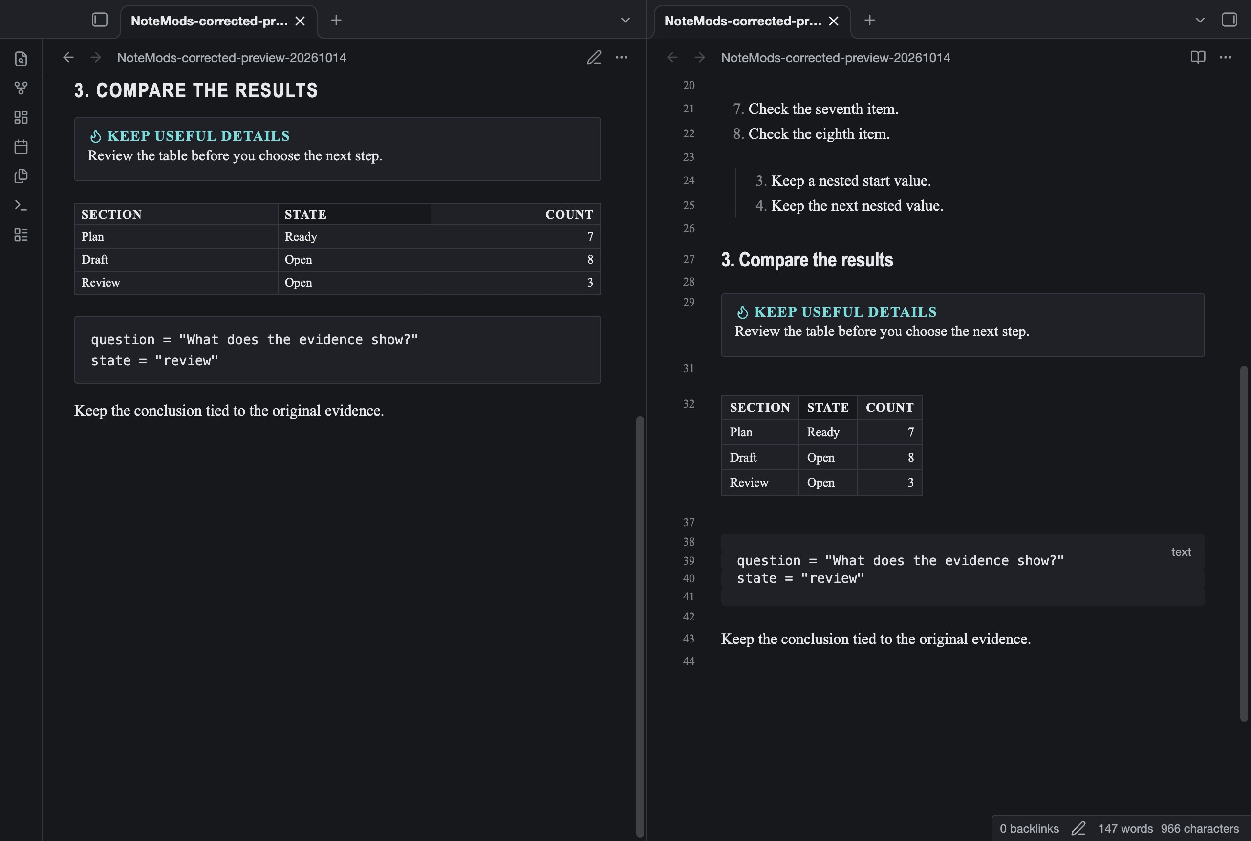 Compendium Reference in Obsidian, dark mode, callouts and table.
