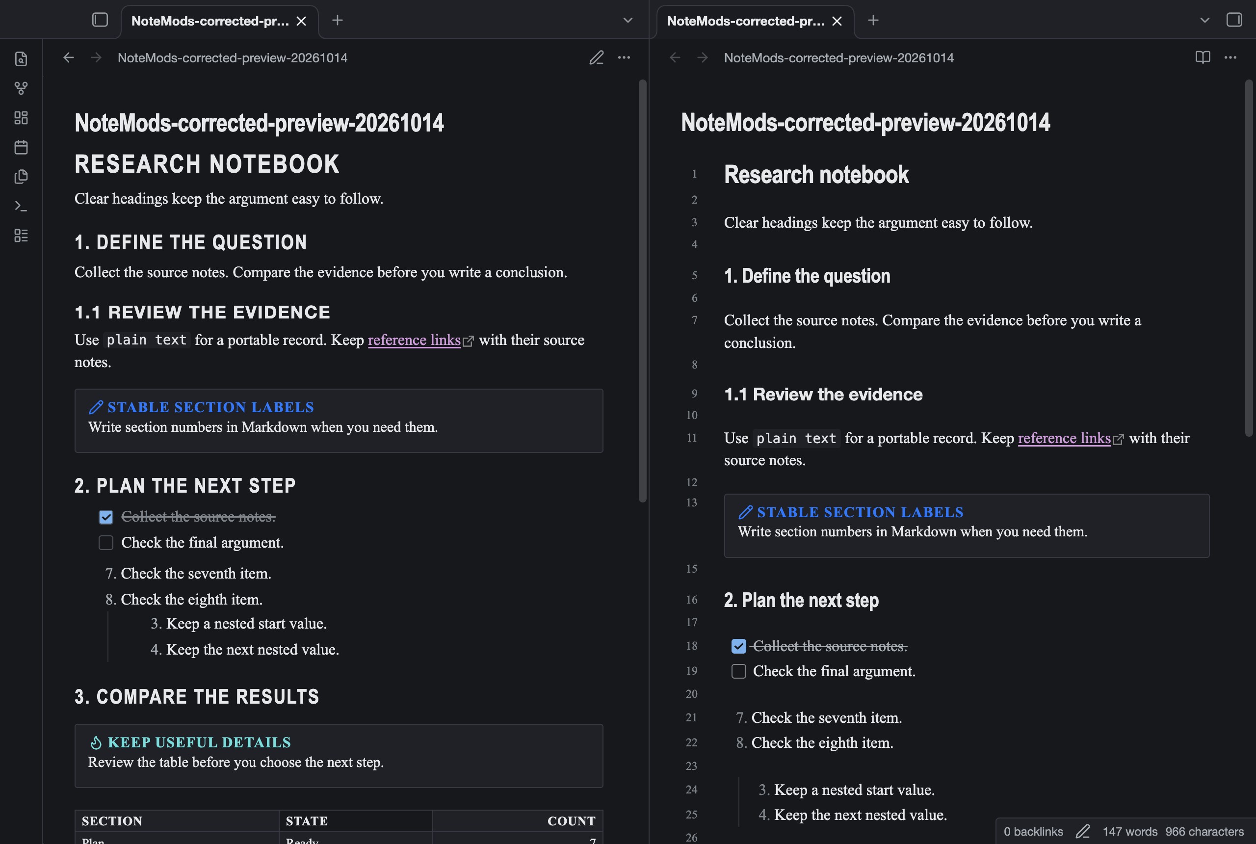 Compendium Reference in Obsidian, dark mode, workspace.