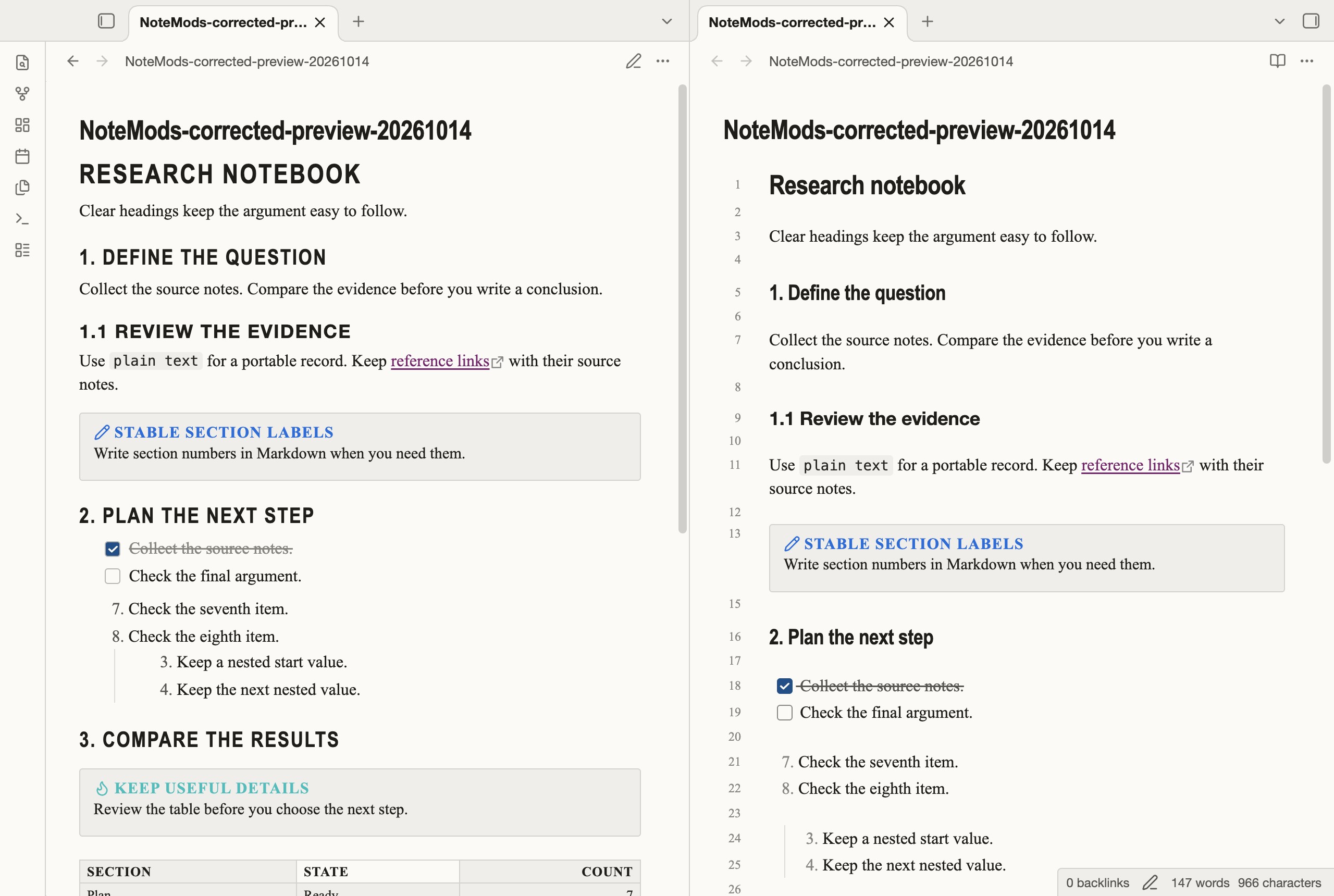 Compendium Reference in Obsidian, light mode, workspace.